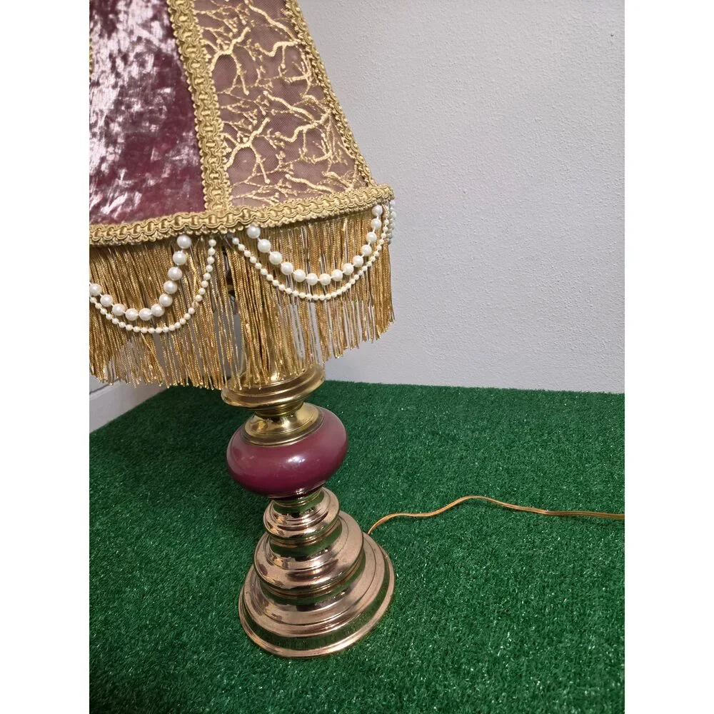 Vintage Hand-Restored Boudoir Table Lamp – Ornate Pink Velvet & Beaded Fringe B